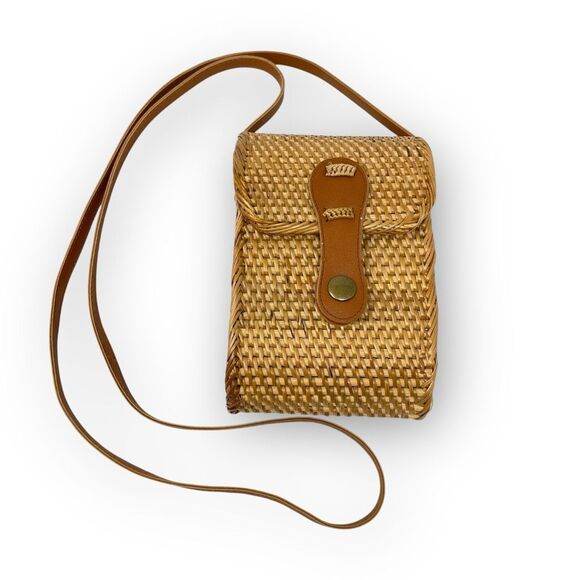 Rattan Wicker Woven Lined Basket Shoulder Bag Phone Crossbody Purse Rectangle - Picture 1 of 11